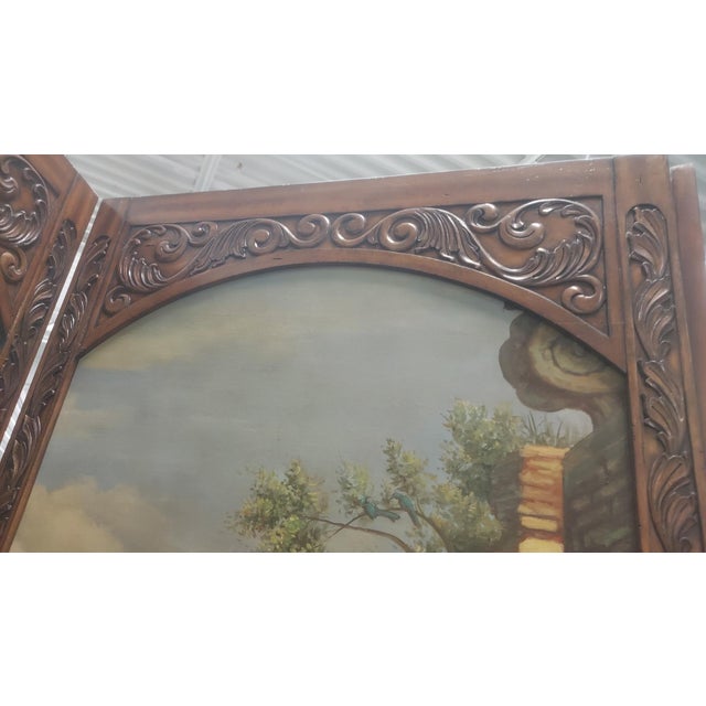 Wood 19th-Century Replica Three-Panel Folding Screen — Oil-Painted Italian Landscapes With Carved Walnut Frame & Marquetry Inlay For Sale - Image 7 of 10