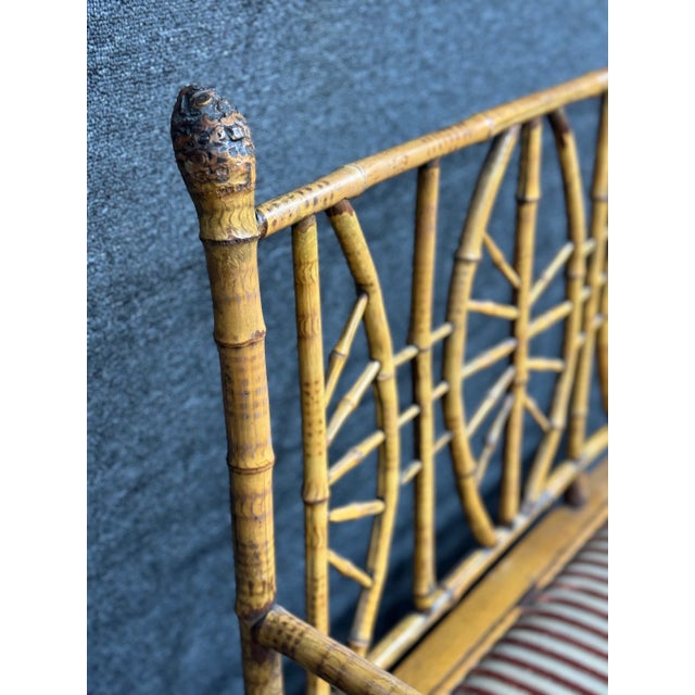 Early 1900’s Victorian Burnt Bamboo Settee For Sale - Image 4 of 9