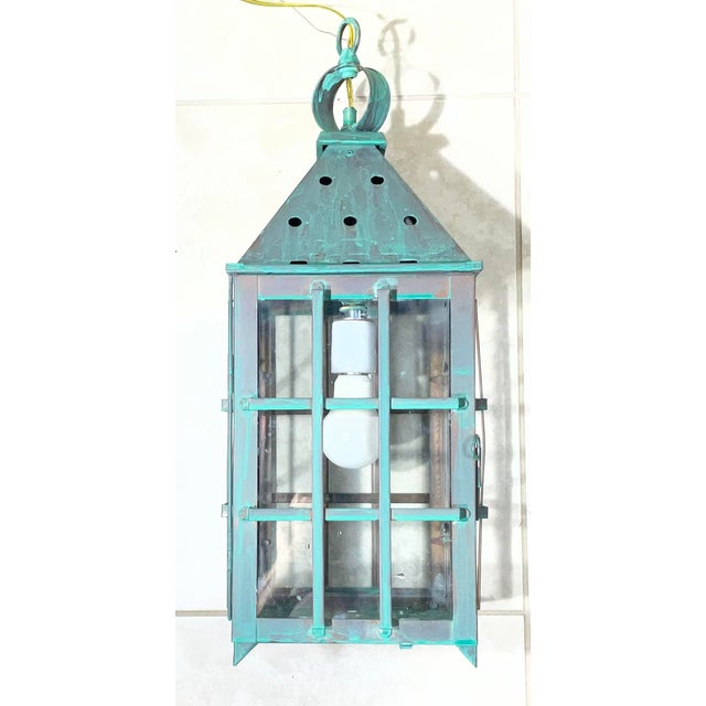 Metal Vintage Solid Copper Hanging Lantern – Patina /Colonial/Rustic/Industrial For Sale - Image 7 of 16