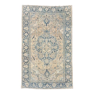 Antique Heriz Rug 8x11 | Light Beige & Blue Floral Medallion For Sale