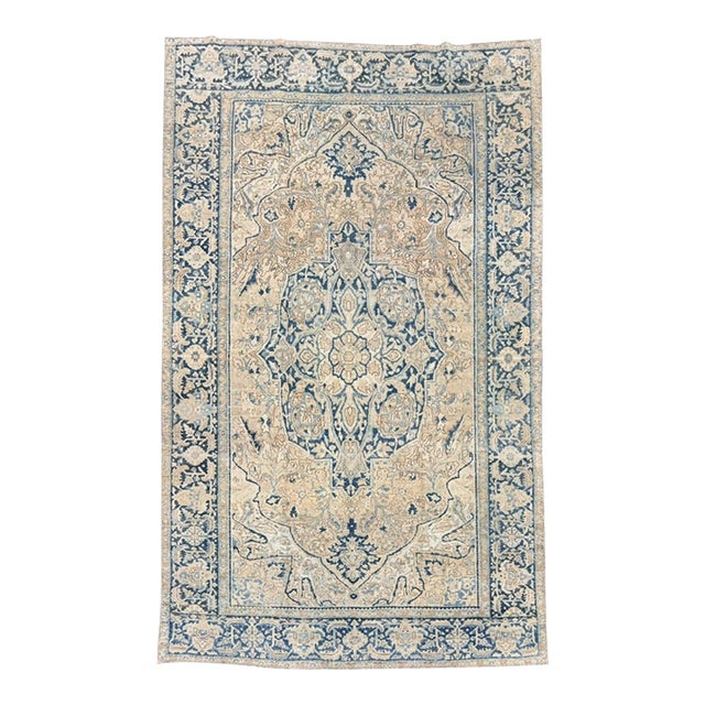 Antique Heriz Rug 8x11 | Light Beige & Blue Floral Medallion For Sale