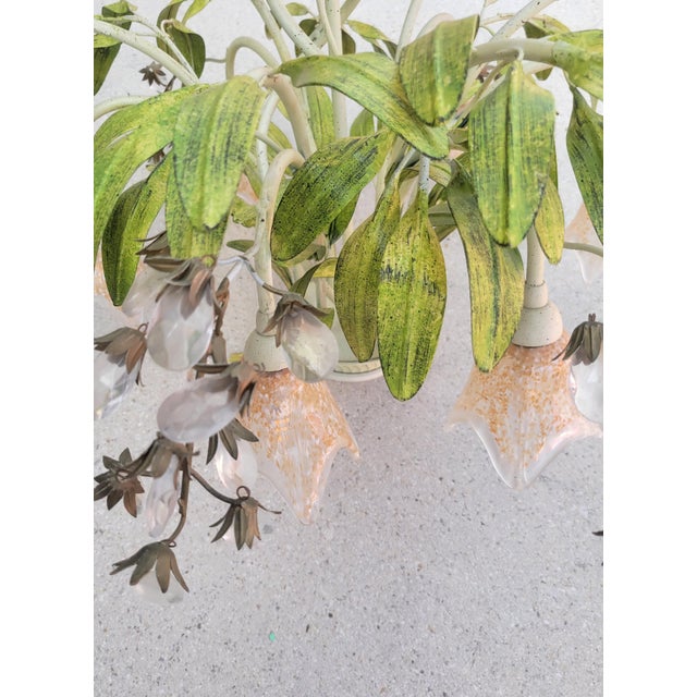 Hollywood Regency Tole 6 Light Palm Leaf Crystal Chandelier For Sale In West Palm - Image 6 of 11