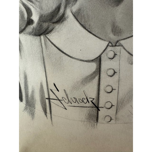 Paper 1940s Original Signed Graphite Illustration of Young Girl in Wide-Brimmed Hat, 13.75 × 11 In. For Sale - Image 7 of 8