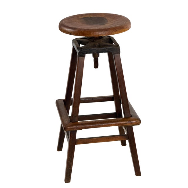 Antique 1910s 30" Tall Industrial Architect's Draftsman Stool - Adjustable Wood & Cast Iron Swivel Seat For Sale In Philadelphia - Image 6 of 18