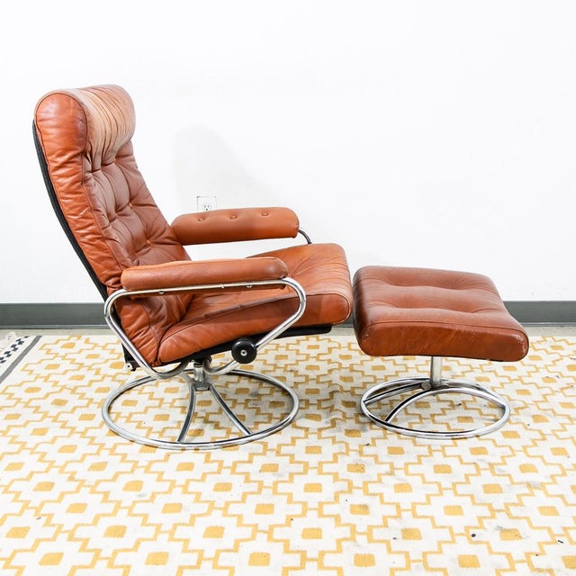 Mid-Century Modern Mid Century Modern Lounge Chair Red Leather Attributed to Ekornes Recliner Norway Chrome Base For Sale - Image 3 of 11