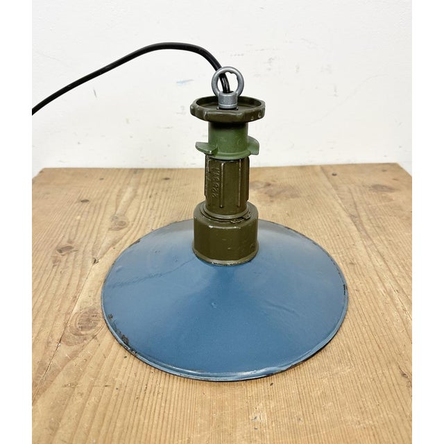 Industrial Blue Enamel Factory Pendant Lamp with Cast Aluminium Top, 1960s For Sale - Image 12 of 16