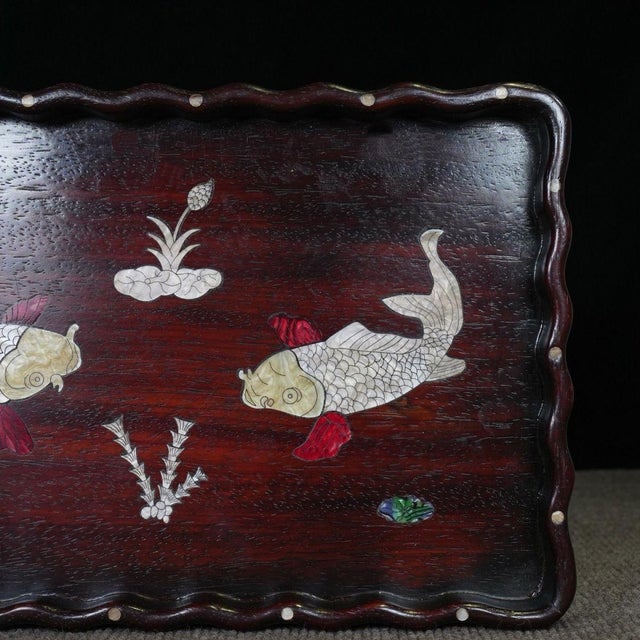 Wood Late 20th Century Scalloped Wooden Tray With Mother-of-Pearl Koi Fish Inlay For Sale - Image 7 of 10