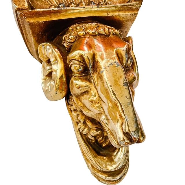 Sculpture Materials Vintage Neoclassical Gold Gilt Ram Head Wall Bracket Shelf & Corbel Wall Pocket Planter For Sale - Image 7 of 10