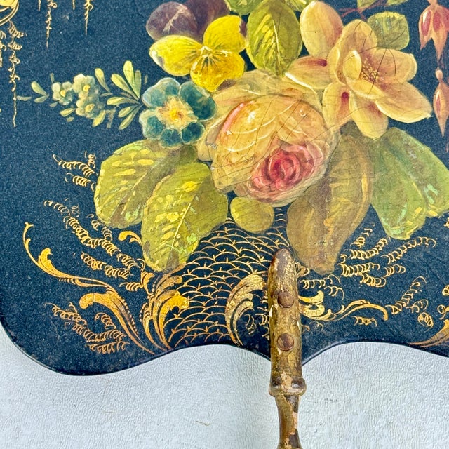 Black Handheld Victorian Paper Mache Fire Screen With Floral Design, Circa 1880, Comes With Wood Stand For Sale - Image 8 of 9
