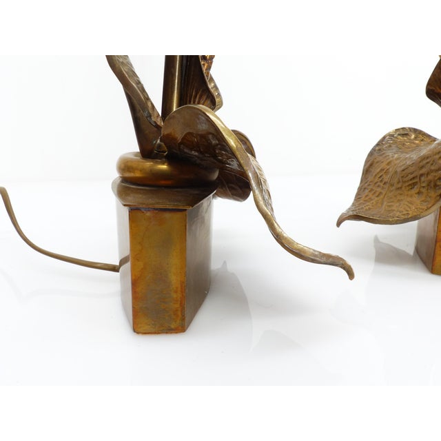 Gold Vintage French Hammered Brass Floral Lamps, 1970, Set of 2 For Sale - Image 8 of 12