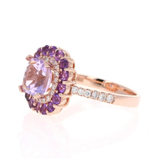 3.56 Carat Cushion Cut Amethyst Diamond Rose Gold Cocktail Ring, Size 7 For Sale - Image 4 of 7