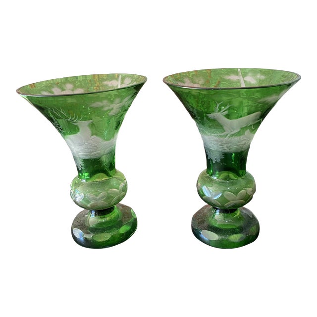 Pair of 1960s Green Glass Vases For Sale