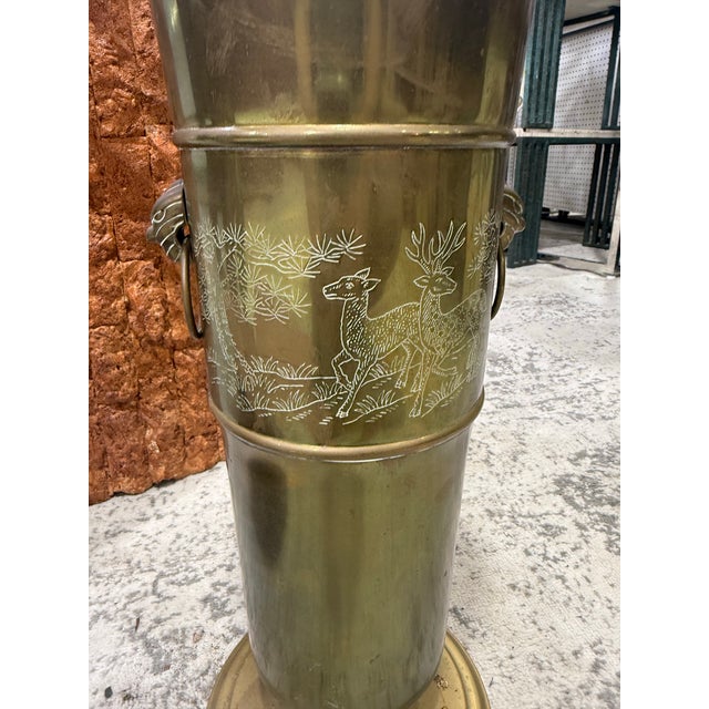 Vintage Solid Brass Umbrella Stand With Etched Deer & Cranes, Gargoyles Excellent condition 23in Tall / 9in Wide This...