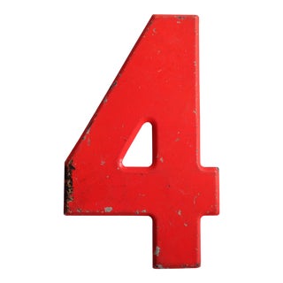 Vintage Rustic Neon Orange Metal Number '4' Sign For Sale