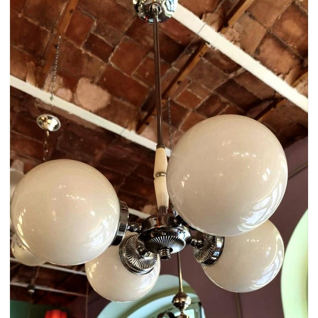 Art Deco Nickel-Plated Chandelier with Opal Glass Shades, 1930s For Sale - Image 3 of 4