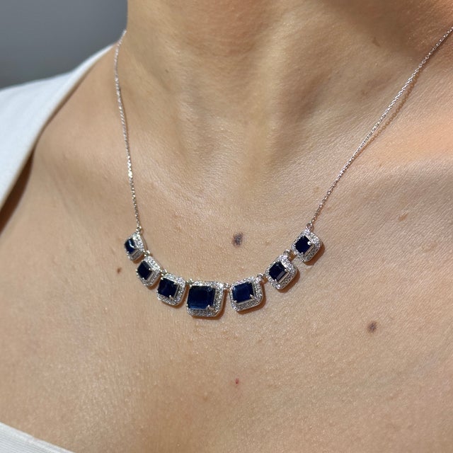 7.3ct Emerald-Cut Blue Sapphire Diamond Halo Station Necklace in 14k White Gold For Sale - Image 9 of 18