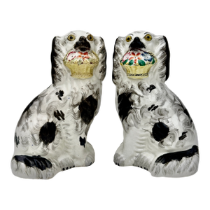 English Staffordshire Flower Basket Spaniel Dogs, Pair, Black and White, 19th Century