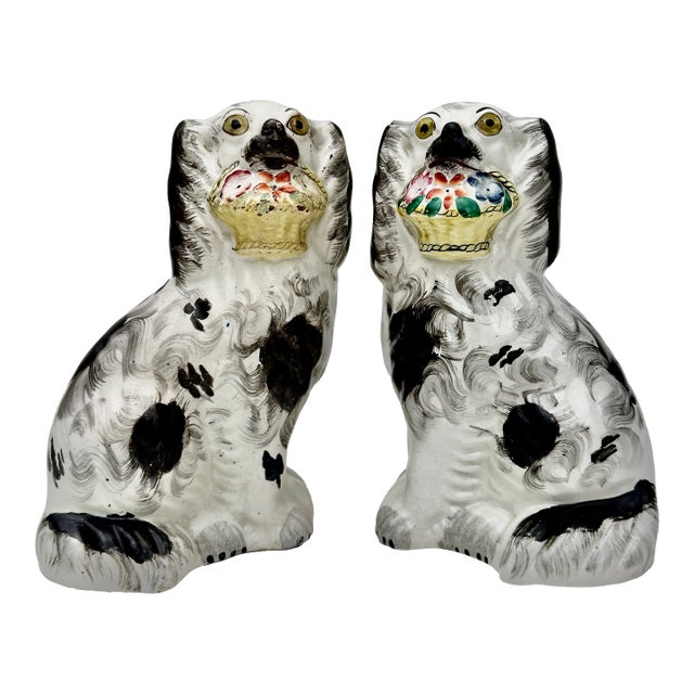 Staffordshire Flower Basket Spaniel Dogs, Pair, Black and White England 19th Century For Sale