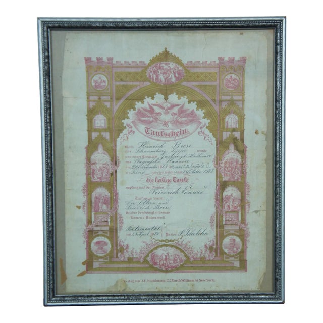 1873 Antique Framed German Taufschein Birth Baptismal Certificate Fraktur For Sale