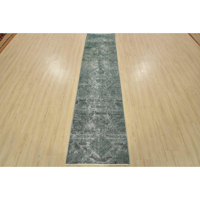 Farmhouse Tabriz Runner 2’5” X 9’6” Blue Wool Vintage Overdyed Hand-Knotted Rug For Sale - Image 3 of 13