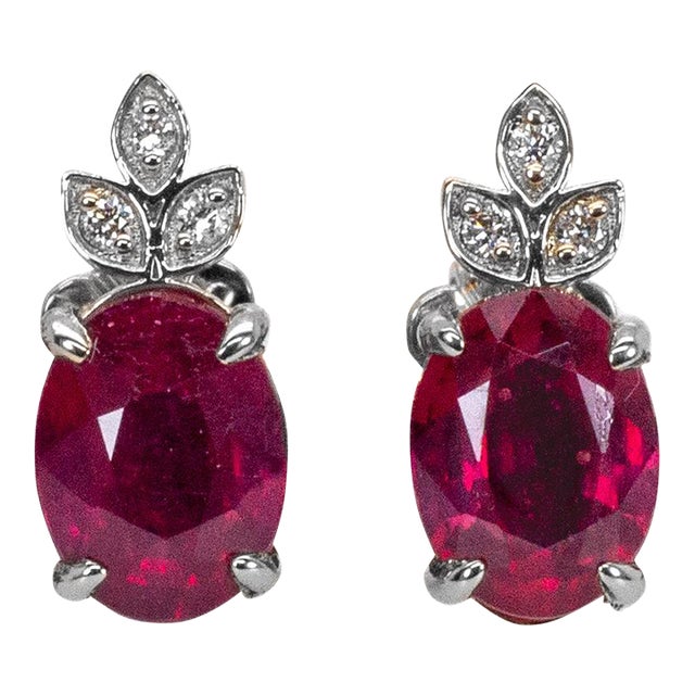 Dainty Madagascar Ruby Studs W Diamond Accents in 14k White Gold | Ov 8x6mm-Set of 2 For Sale