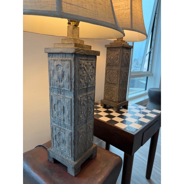 Coffee Attributed to Uttermost Carved Wood Table Lamps W/ Shades (32"h) - a Pair For Sale - Image 8 of 12