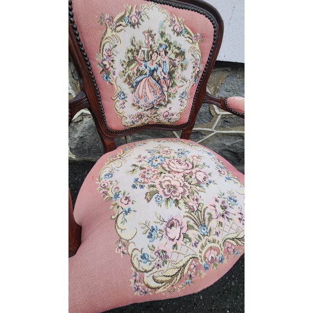 Pair of Vintage Louis XV Style French Provincial Open Armchairs With Pink Romantic Tapestry Upholstery For Sale - Image 13 of 17