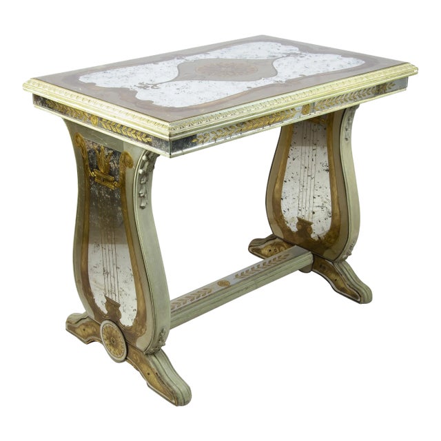 Early 20th Century Neoclassical Lyre Side Table With Acid-Etched Glass Top and Accents by Maison Jansen, France For Sale
