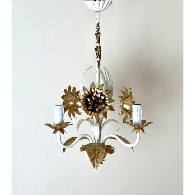 Hollywood Regency Cream and Gilt 3-Arm Chandelier with Floral Details, 1970 For Sale - Image 12 of 15