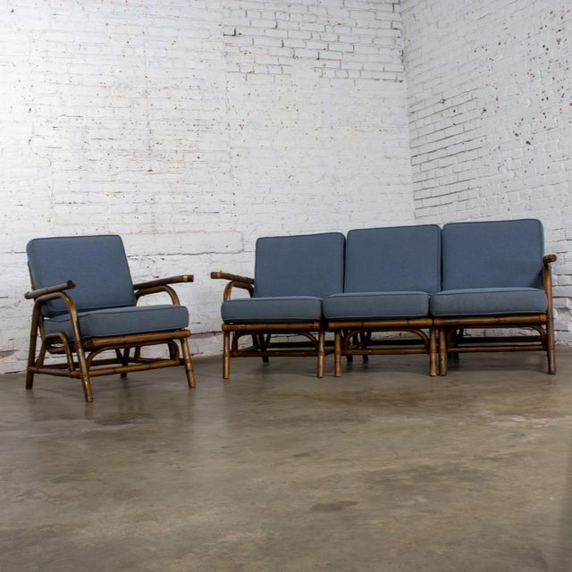 Mid-Century Modern Mid-20th Century Tropical or Coastal Style Rattan 3 Piece Sofa and Lounge Chair by Calif Asia, a Set For Sale - Image 3 of 18