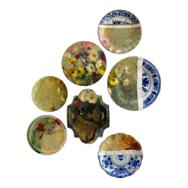 "Bouquet of Asters" Contemporary Installation of Ceramic Plates and Oil on Canvas - Set of 7 For Sale