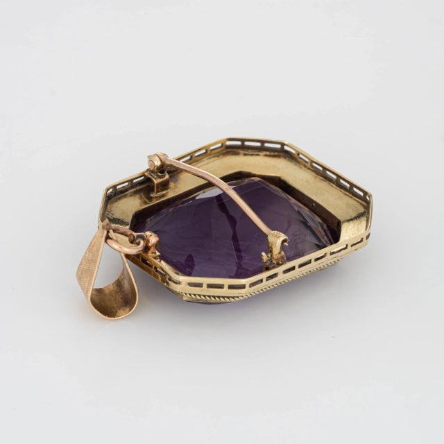 Vintage Art Deco Amethyst Intaglio Pendant Enamel 14k Yellow Gold Carved For Sale - Image 4 of 4