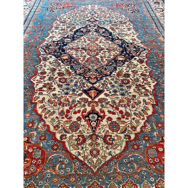 Antique Persian Mohtasham Kashan Carpet, Ivory ground, Ivory Border, Blue, Green For Sale - Image 12 of 18
