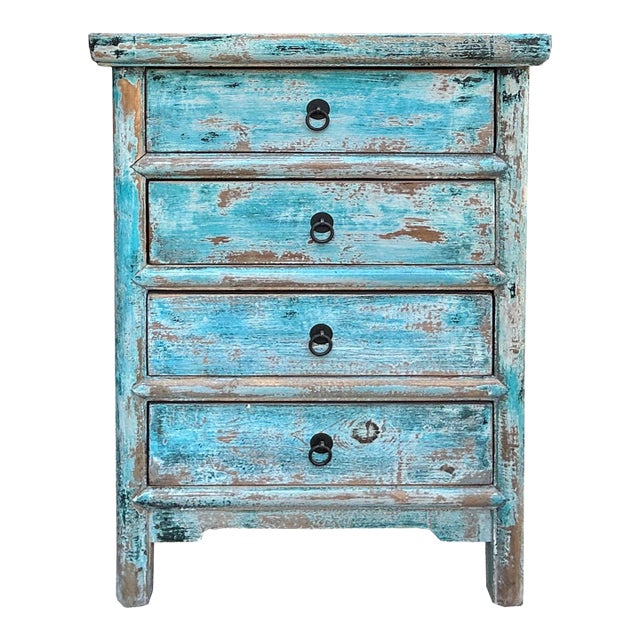 Distressed Aqua Turquoise Blue 4 Drawers End Table Nightstand For Sale