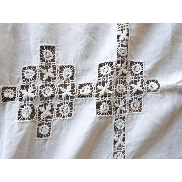 Textile Antique White Linen Open Work Tablecloth For Sale - Image 7 of 8