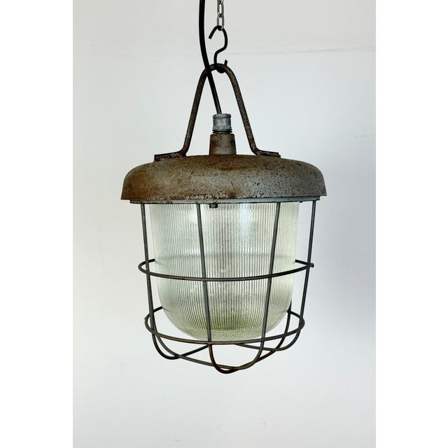 Gray Industrial Cast Iron Cage Pendant Light from Polam, 1960s For Sale - Image 8 of 13
