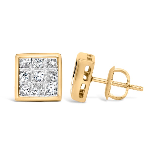Contemporary 14K Yellow Gold 1.0 Cttw Princess Cut Diamond Composite Stud Earrings with Screw Backs (J-K Color, SI1-SI2 Clarity) For Sale - Image 3 of 5