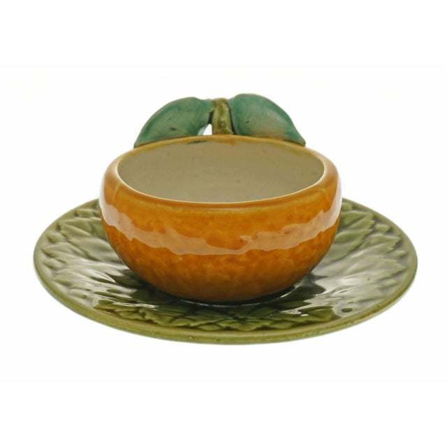 De Sarreguemines 1950s French Majolica Orange Cup and Saucer: Sarreguemines Barbotine For Sale - Image 4 of 7