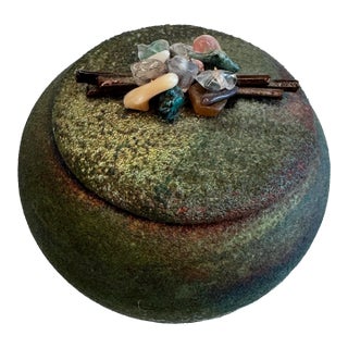 Modern Asian Raku & Polished Stone Small Lidded Jar For Sale