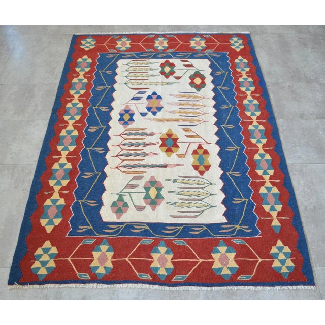 1980s 1980s Hand Woven Oushak Kilim Flat Weave Wool Area Rug For Sale - Image 5 of 12
