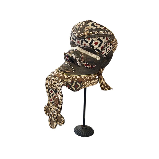 Impressive /rare vintage beaded Kuba ceremonial headdress/helmet from Congo, hand made with wood, beaded cloth, and...
