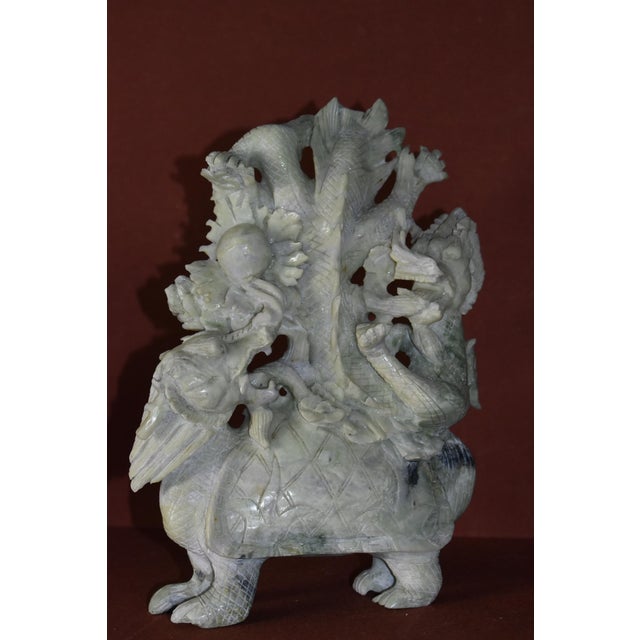 Vintage (1980's) Dragon & Turtle Sculpture has an Chinese Style. Light Green in Color. Nephrite Jade. The Foot is Chipped....