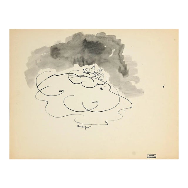 Henri Espinouze, The Storm, Original Ink and Watercolor, Mid-20th Century For Sale