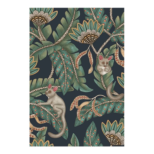 Cole & Son Bush Baby Wallpaper Roll- Teal & Ochre on Ink For Sale