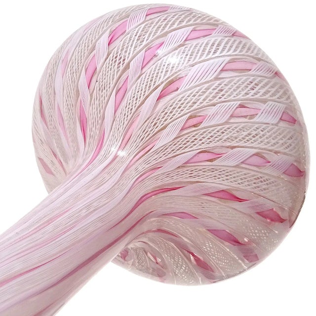 Mid-Century Modern Vintage Murano Fratelli Toso Pink White Swirl Ribbons Italian Art Glass Soliflore Long Neck Flower Vase For Sale - Image 3 of 6