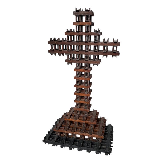 Tramp Art Crucifix Sculpture, 1900s For Sale