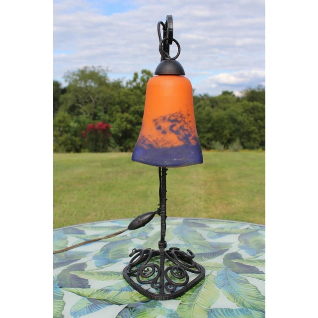 1920s 1920s French Art Deco Wrought Iron Double Lamp With Glass Shades For Sale - Image 5 of 12
