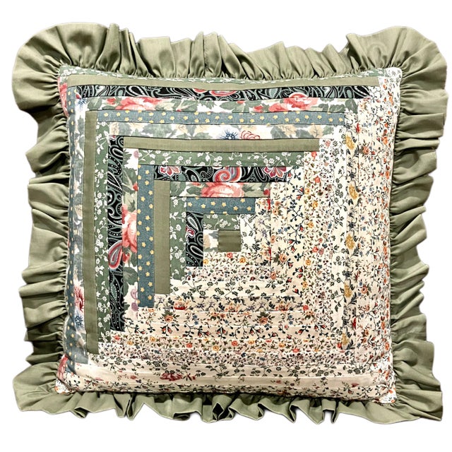 Textile Set of Three Unique Vintage Handmade American "Log Cabin" Quilt Pattern With Floral Fabrics and Ruffled Edges Throw Pillows For Sale - Image 7 of 8