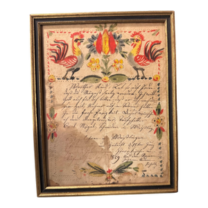 Early 19th Century Primitive Antique Country Folk Art Pennsylvania Dutch Watercolor Fraktur Painting, Framed