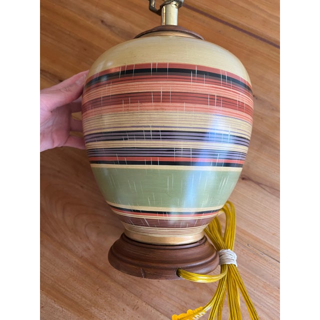 Wood Mid 20th Century Chinese Pottery Table Lamp With Real Wood Accents For Sale - Image 7 of 9